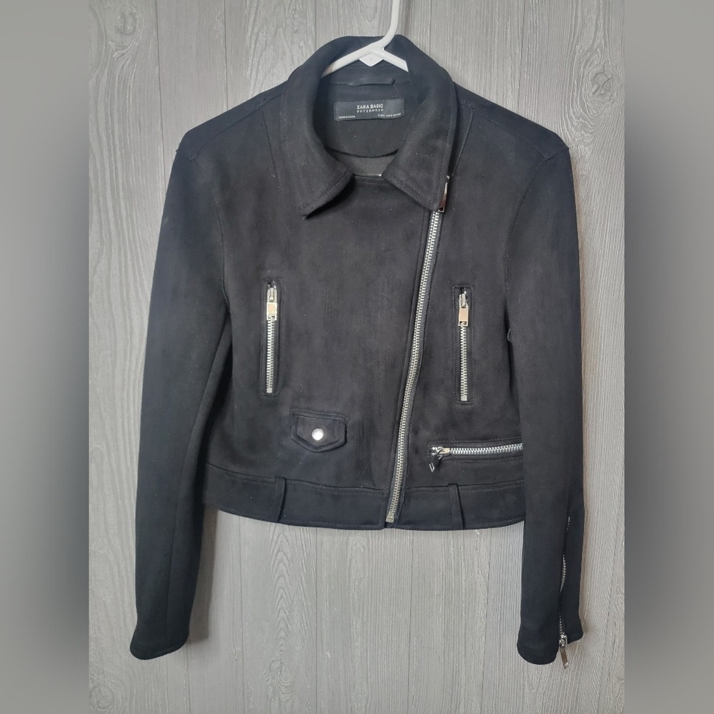 ♡Zara Basic Black Faux Suede Moto Biker Jacket Asymmetrical Zip Size Medium